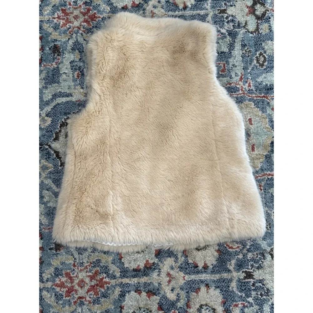 Zara Faux Fur Vest Girls 9/10 Cream Tan Zip Up Polka Dot EUC‎